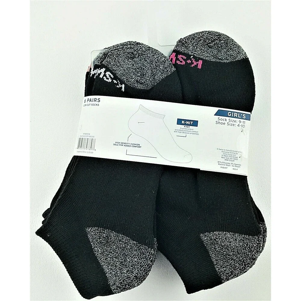 K Swiss Girls 6 Pair Low Cut Socks Black/Grey w Color Size 9-11 Shoe Sz 4-10